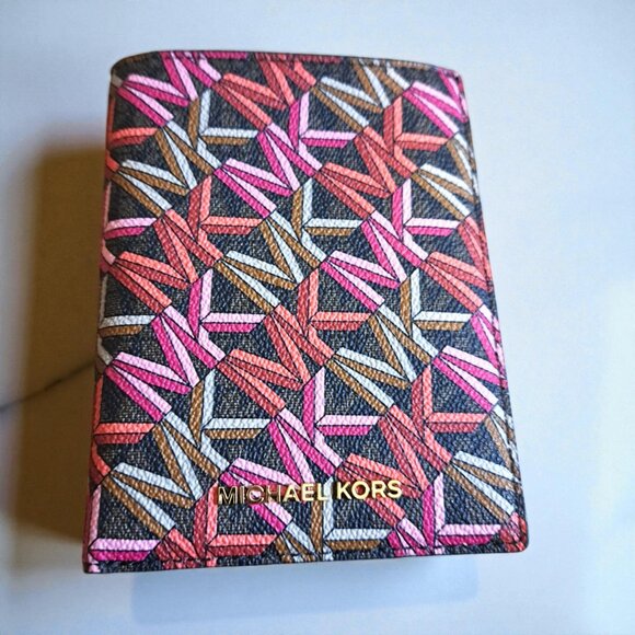 Michael Kors Women's Brown/Red/Pink Logo Bedford Medium Passport Wallet NWOT - Picture 1 of 11